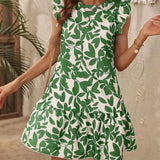 Kiera - Vestido de verano para mujer - Mangas con volantes - Estampado de hojas - Bajo con volantes - Estilo playero