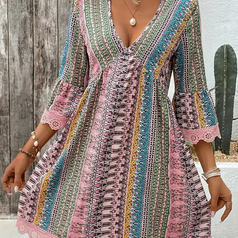 Vestido de mujer – Corte evasé – Escote en pico – Estampado bohemio – Mangas 3/4 – Encaje – Tejido ligero