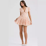 Vestido corto de mujer – Corte evasé – Mangas abullonadas – Cuello en pico – Estampado floral