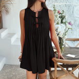 Vestido sin mangas para mujer – Corte holgado – Plisado – Cuello redondo con lazo – Corto