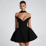 Vestido de cóctel para mujer – Corte entallado – Escote pronunciado – Hombros descubiertos – Espalda abierta – Falda mini acampanada