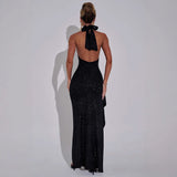 Vestido de noche para mujer – Corte entallado – Espalda abierta – Cuello halter – Abertura lateral – Tejido brillante