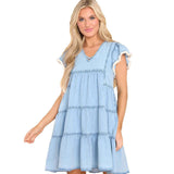 Vestido vaquero para mujer – Corte en A – Mini – Mangas cortas con volantes – Cuello en V