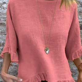 Blusa de manga corta para mujer – Corte fluido – Mezcla de lino y algodón – Cuello redondo – Ribete con volantes