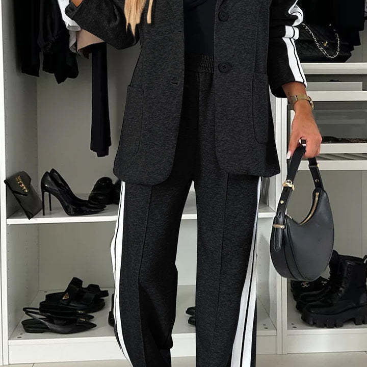 Conjunto de blazer y pantalón de mujer – Corte recto – Hombros estructurados – Raya lateral
