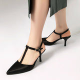 Sandalias de tacón alto para mujer – Punta puntiaguda – Tira en T – Elegantes ajustables