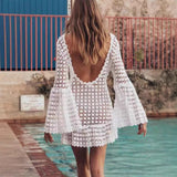 Vestido de playa para mujer – Tejido ligero de crochet – Corte fluido – Mangas acampanadas – Mini