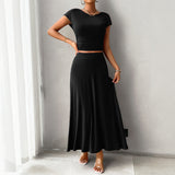 Conjunto de vestido para mujer: Top corto ajustado y fruncido, falda larga fluida y sin costuras.