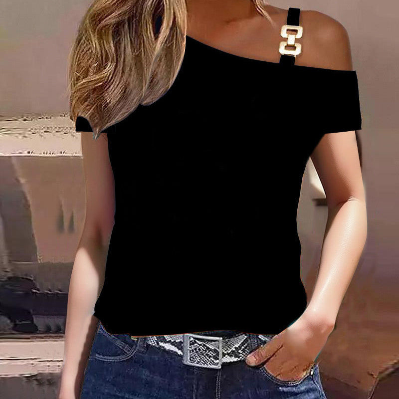 Top de manga corta para mujer – Corte holgado – Hombros descubiertos – Detalle de botones metálicos