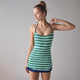 Vestido de tirantes para mujer – Punto acanalado – Corte ajustado – Rayas – Cuello redondo mini