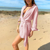 Vestido cruzado para mujer – Lino de algodón transpirable – Mangas largas – Cuello en V – Largo mini