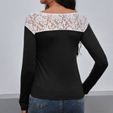 Camiseta de manga larga para mujer – Corte entallado – Encaje floral – Cuello redondo elegante