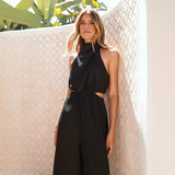 Mono de mujer – Cuello halter – Corte holgado – Piernas anchas – Cintura ajustable