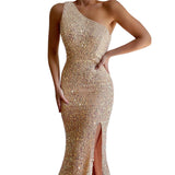 Vestido midi de mujer – Corte entallado – Hombros descubiertos – Abertura – Lentejuelas elegantes