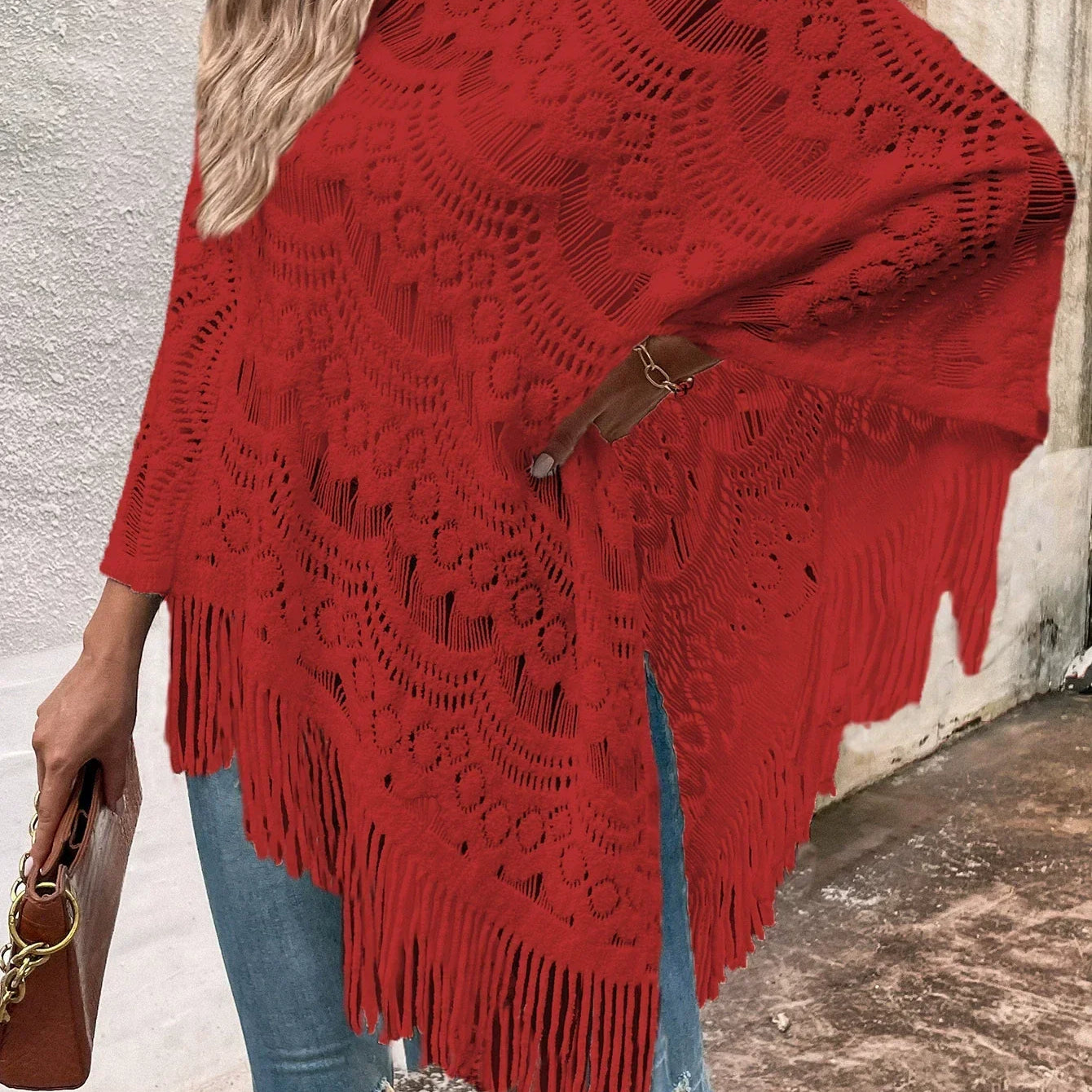 Chal de mujer – Punto de encaje – Corte extragrande – Dobladillo asimétrico con flecos