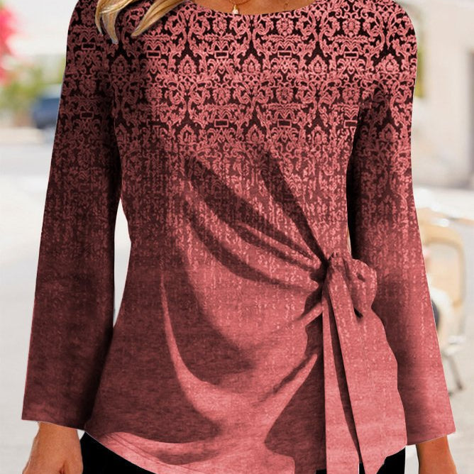 Camiseta de manga larga para mujer – Corte holgado – Detalle de lazo lateral – Tejido suave y transpirable