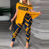 Conjunto de mujer: Top holgado con hombros descubiertos, pantalón ajustado estampado y tejido ligero.