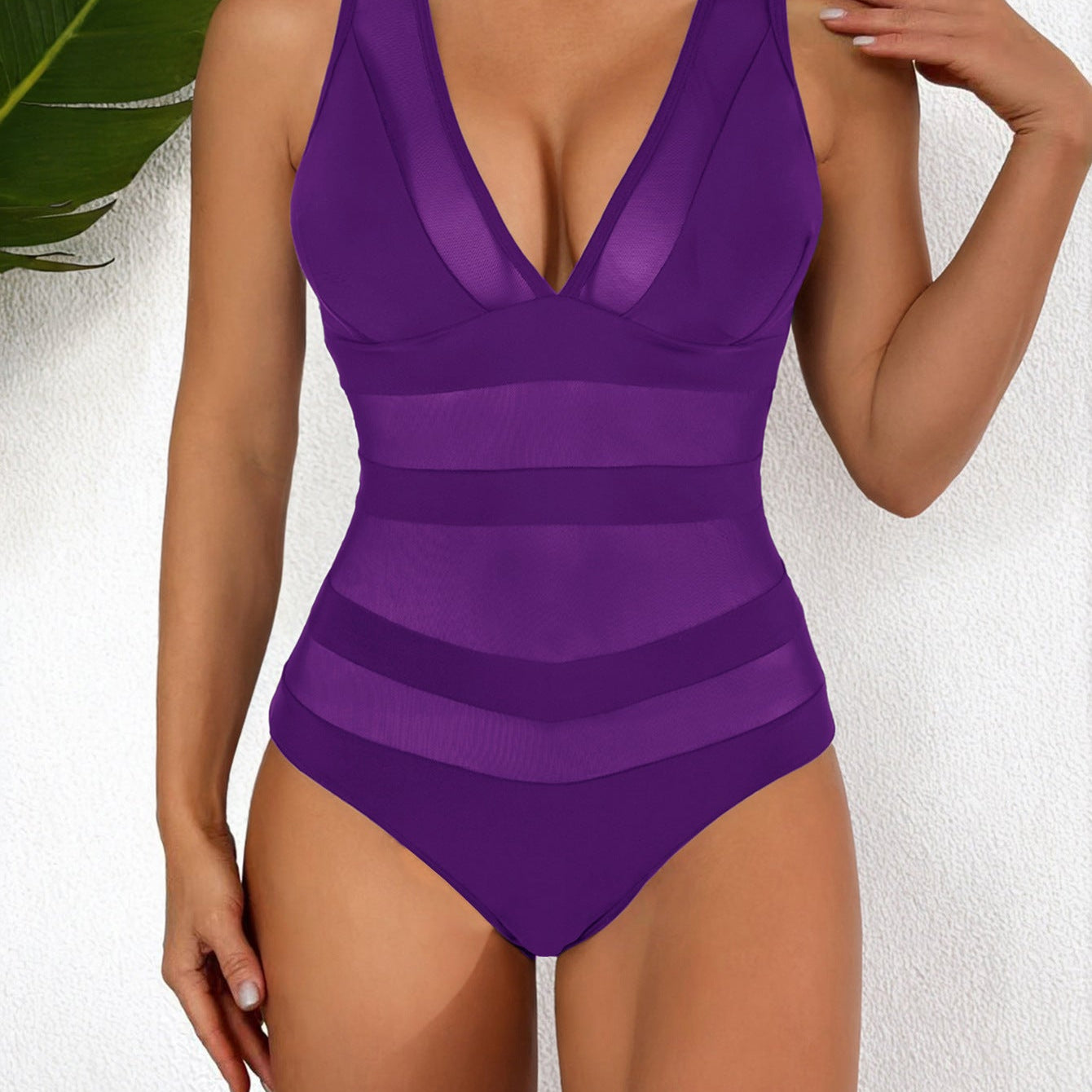 Traje de baño de una pieza para mujer – escote pronunciado – inserciones de malla – corte ajustado
