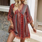 Vestido de mujer – Corte evasé – Escote en pico – Estampado bohemio – Mangas 3/4 – Encaje – Tejido ligero
