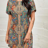 Vestido túnica para mujer – Corte relajado – Estampado bohemio – Mangas cortas – Estilo casual