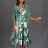 Conjunto de vestido de gasa para mujer: corte fluido, estampado floral y capas asimétricas.
