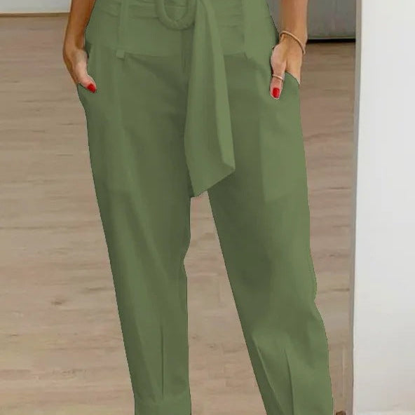 Pantalones de mujer – Cintura alta – Pernera ajustada – Cinturón con hebilla – Tejido transpirable