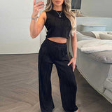 Conjunto de dos piezas para mujer: top corto ajustado sin mangas y pantalón recto de cintura alta