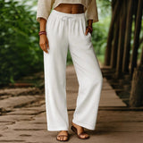 Pantalones anchos de mujer – corte holgado – cintura elástica – lino de algodón – bolsillos