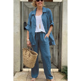 Conjunto de camisa y pantalón para mujer – Lino transpirable – Corte holgado – Cintura elástica