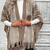 Cárdigan estilo capa para mujer – Punto de lana – Corte extragrande – Cuello en V – Flecos bohemios