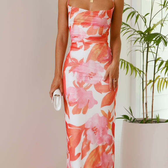 Vestido ajustado para mujer – Largo – Estampado artístico – Tirantes finos – Corte ajustado