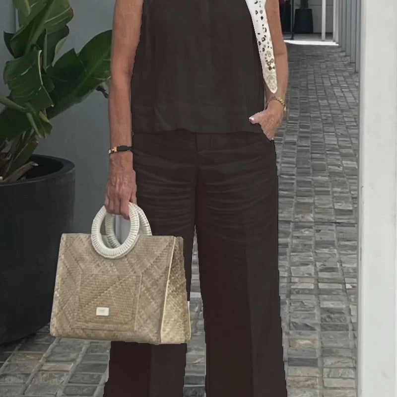 Conjunto sin mangas para mujer – Algodón y lino – Corte relajado – Pantalón ancho con bolsillos
