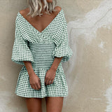 Vestido mini para mujer – Mezcla de algodón – Cuello en V – Mangas abullonadas – Cintura elástica – Estampado de cuadros vichy