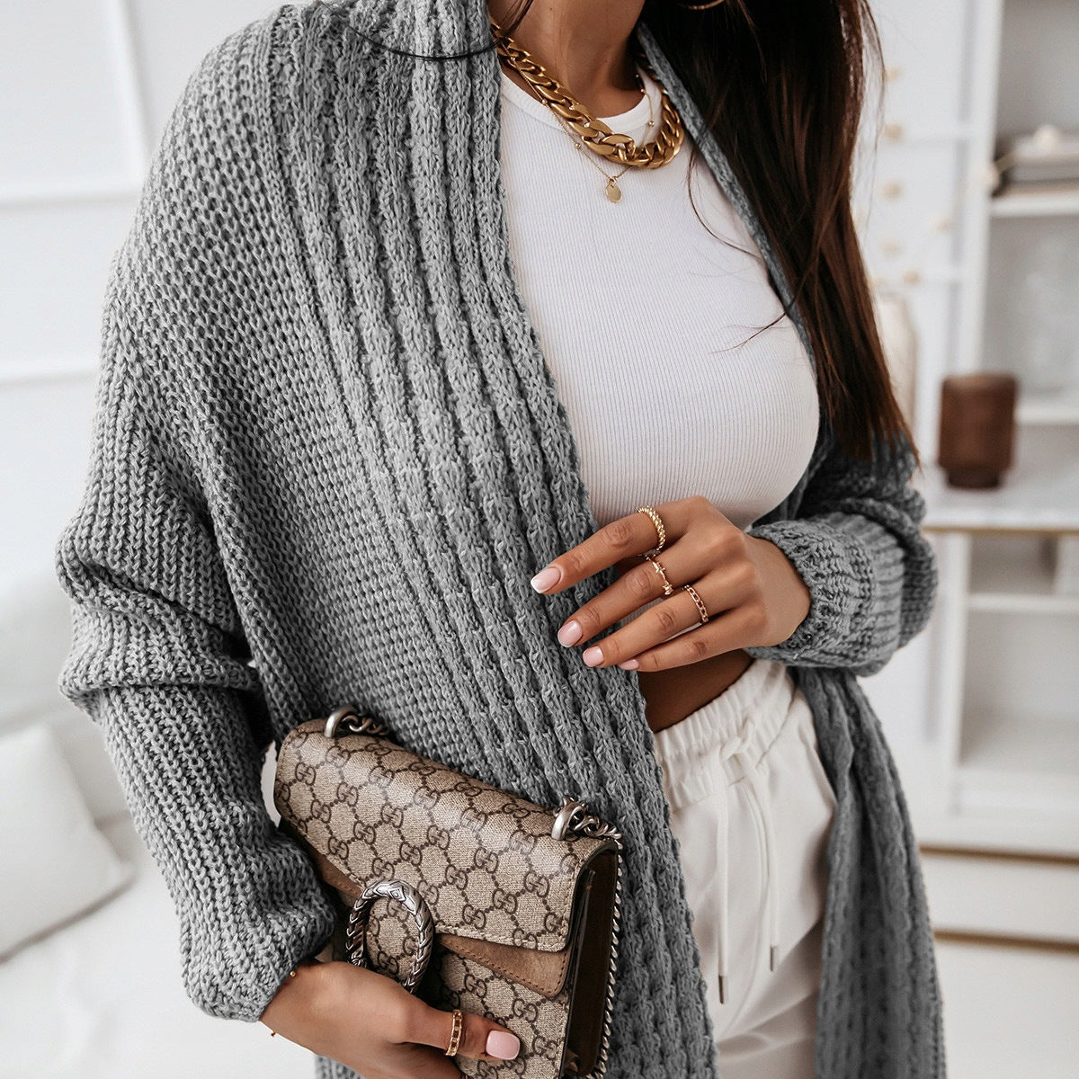 Cárdigan largo para mujer – Corte oversize – Punto texturizado – Parte delantera abierta