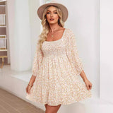 Vestido evasé para mujer – Algodón ligero – Mangas abullonadas – Cuello redondo – Estampado floral