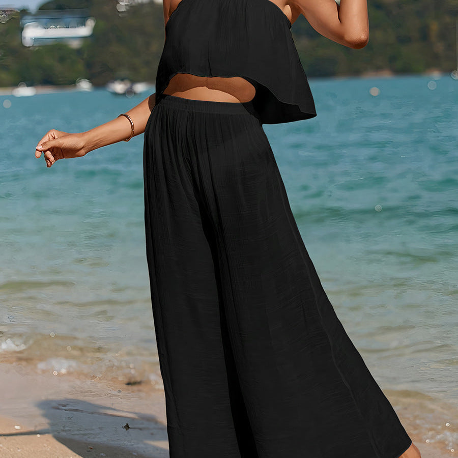 Conjunto de dos piezas para mujer: Top bustier fluido y pantalón ancho de cintura alta.