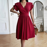 Vestido de mujer - Elegante estilo cruzado - Mangas cortas abullonadas - Cintura ajustada
