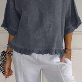 Blusa de manga corta para mujer – Corte fluido – Mezcla de lino y algodón – Cuello redondo – Ribete con volantes