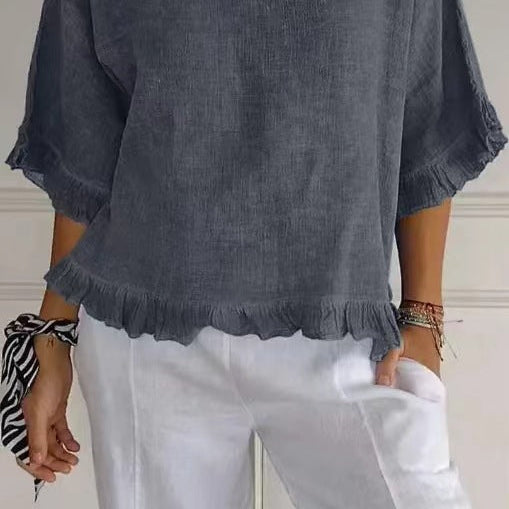 Blusa de manga corta para mujer – Corte fluido – Mezcla de lino y algodón – Cuello redondo – Ribete con volantes