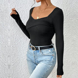 Blusa de mujer – Corte entallado – Tejido elástico acanalado – Diseño cruzado – Mangas largas