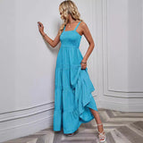 Vestido largo de mujer – Algodón ligero – Cuerpo fruncido – Falda evasé con volantes – Tirantes finos
