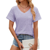 Camiseta de mujer – Corte holgado – Cuello en V – Estampado calado – Mangas cortas