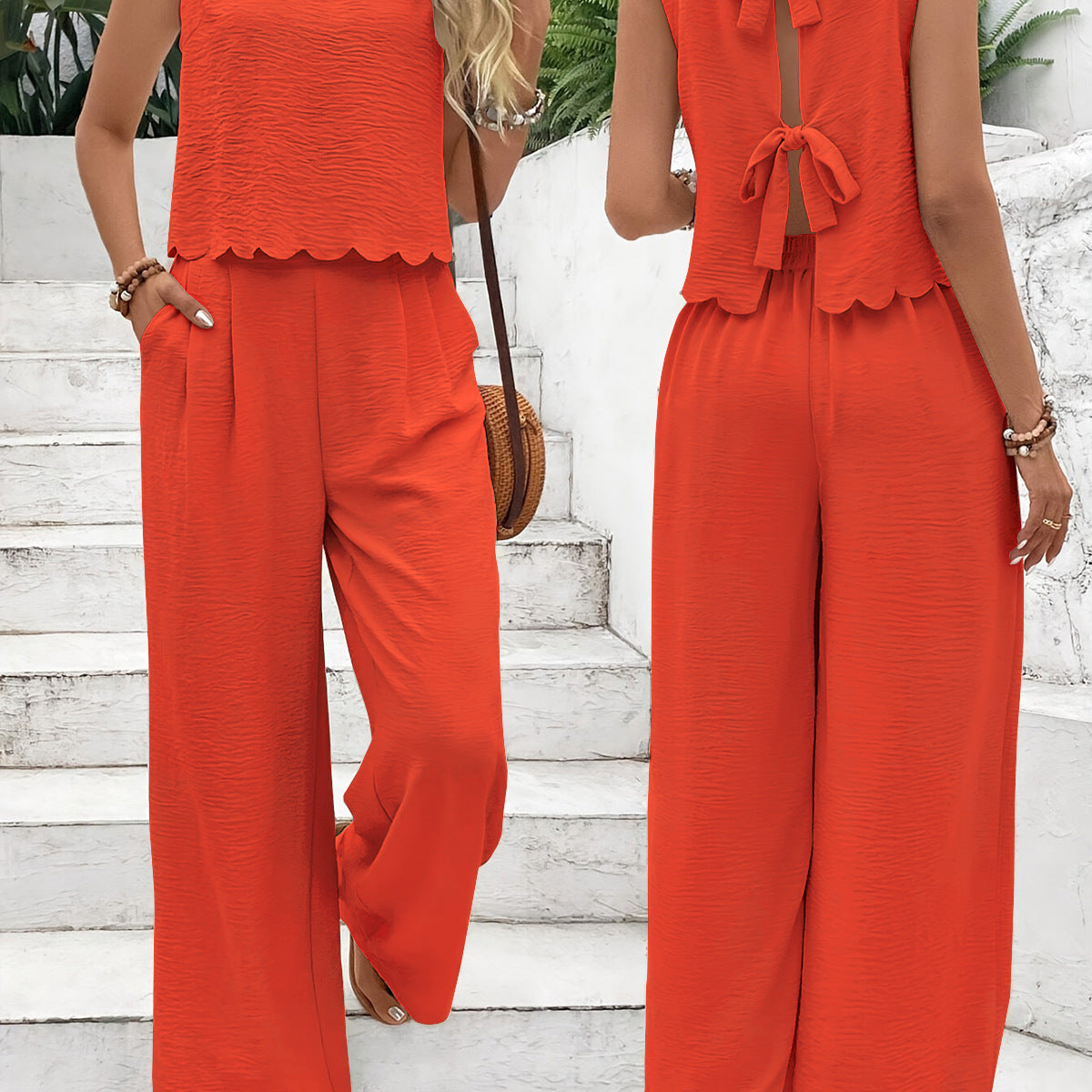 Conjunto de camiseta sin mangas y pantalón ancho para mujer – Tejido ligero y arrugado – Corte holgado