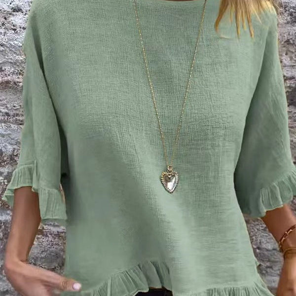Blusa de manga corta para mujer – Corte fluido – Mezcla de lino y algodón – Cuello redondo – Ribete con volantes