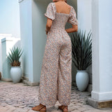 Mono de mujer – Tejido ligero – Piernas anchas – Mangas abullonadas – Estampado floral