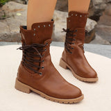 Botas de media caña para mujer – Piel sintética – Cordones – Tacón grueso – Suela con tacos