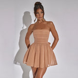 Vestido mini de mujer – Sin tirantes – Corte entallado – Tul brillante – Falda acampanada