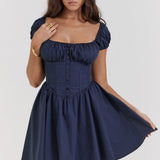 Vestido corto de mujer – Corte entallado y evasé – Mangas abullonadas – Escote cuadrado – Abotonado