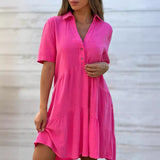 Vestido casual de mujer – Corte holgado – Mangas cortas – Cuello camisero – Fibras naturales