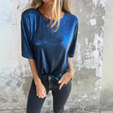 Blusa de mujer – Corte fluido – Tejido ligero y brillante – Mangas cortas – Estilo drapeado